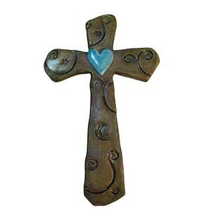 Jeremy Diller Signed 7" Raku Pottery Wall Cross Ceramic BlueHeart Celestial Art
